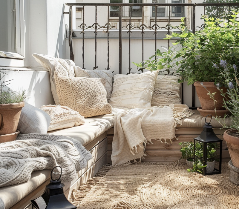 Mysig hörna på liten balkong med bohemisk inredning i retro stil