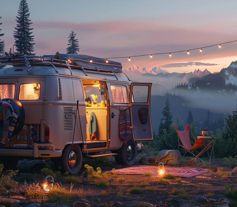 Retro husbil parkerad på en bergsplatå i solnedgång, med dörrarna öppna och inredning i varm belysning. Utanför finns en matta, campingstol, lyktor och ljusslingor som skapar en bohemisk atmosfär.