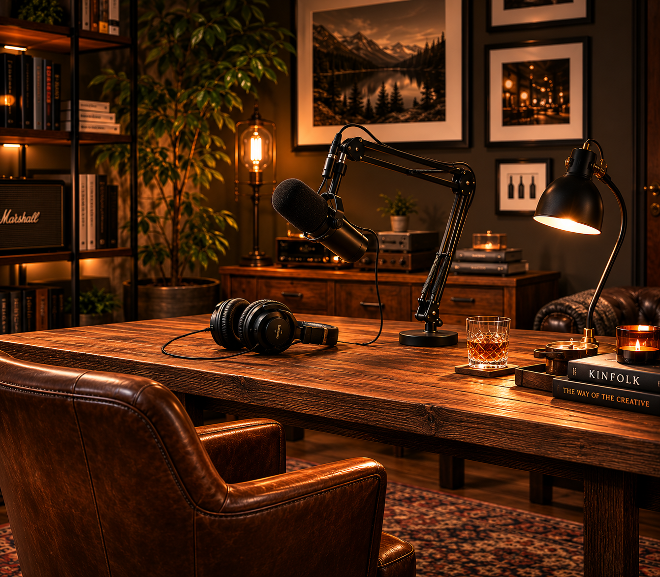 Stilren podcaststudio med Shure-mikrofon, hörlurar och rustikt träbord i varm och mysig hemmastudio.