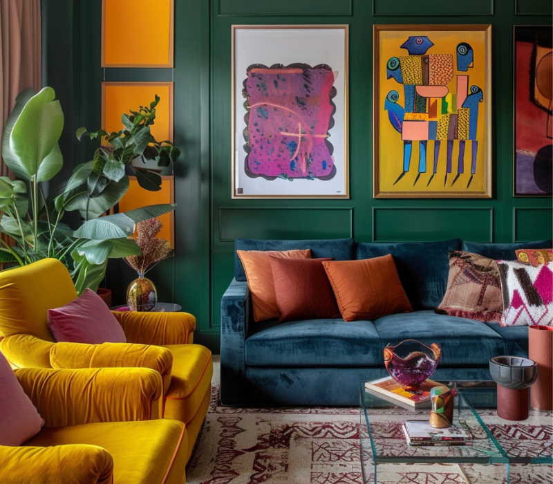 Maximalistiskt vardagsrum med smaragdgrön väggpanel, senapsgula fåtöljer i sammet