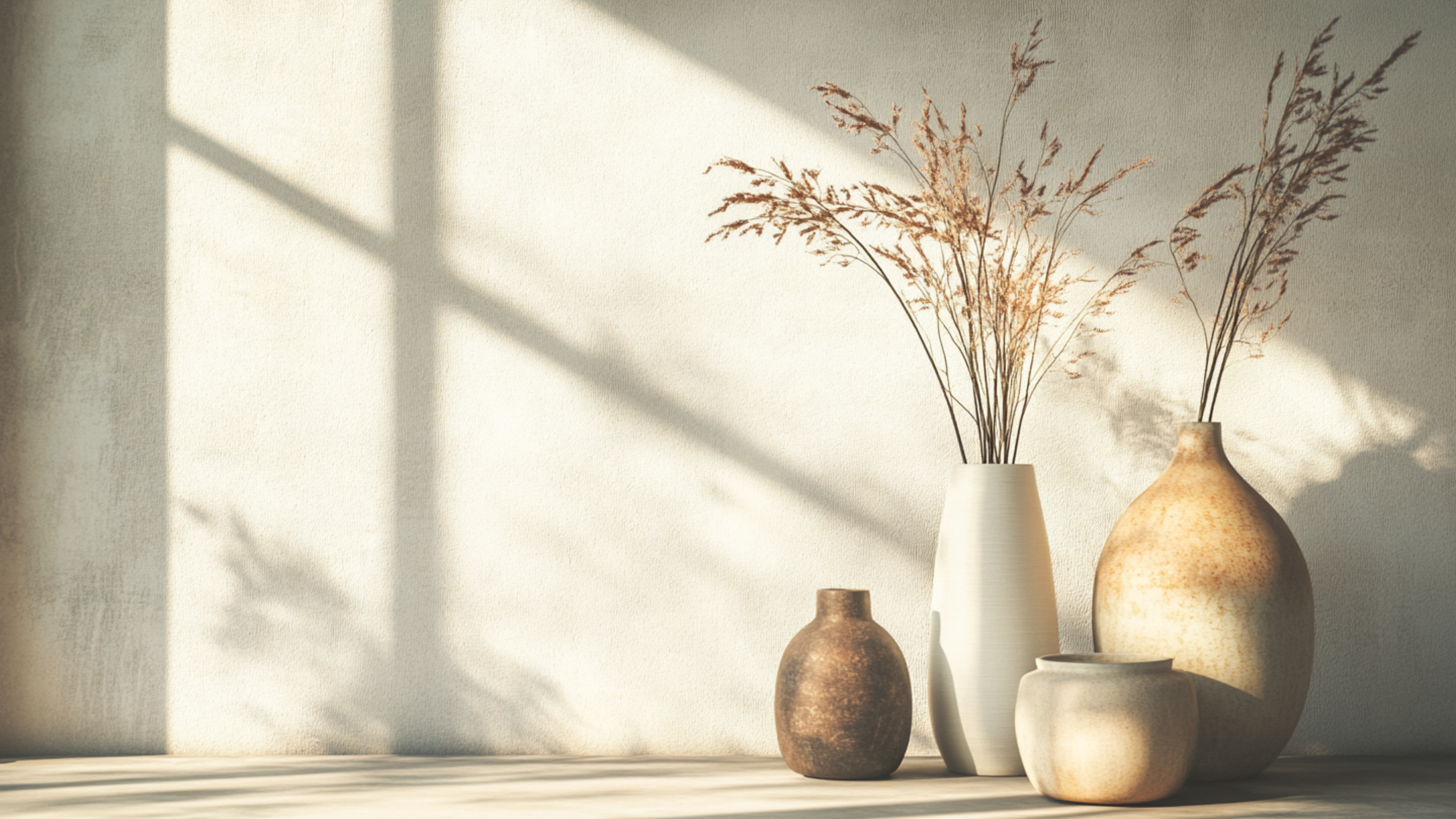 Tre vaser med växter placerade på ett bord, med golvet synligt i bakgrunden