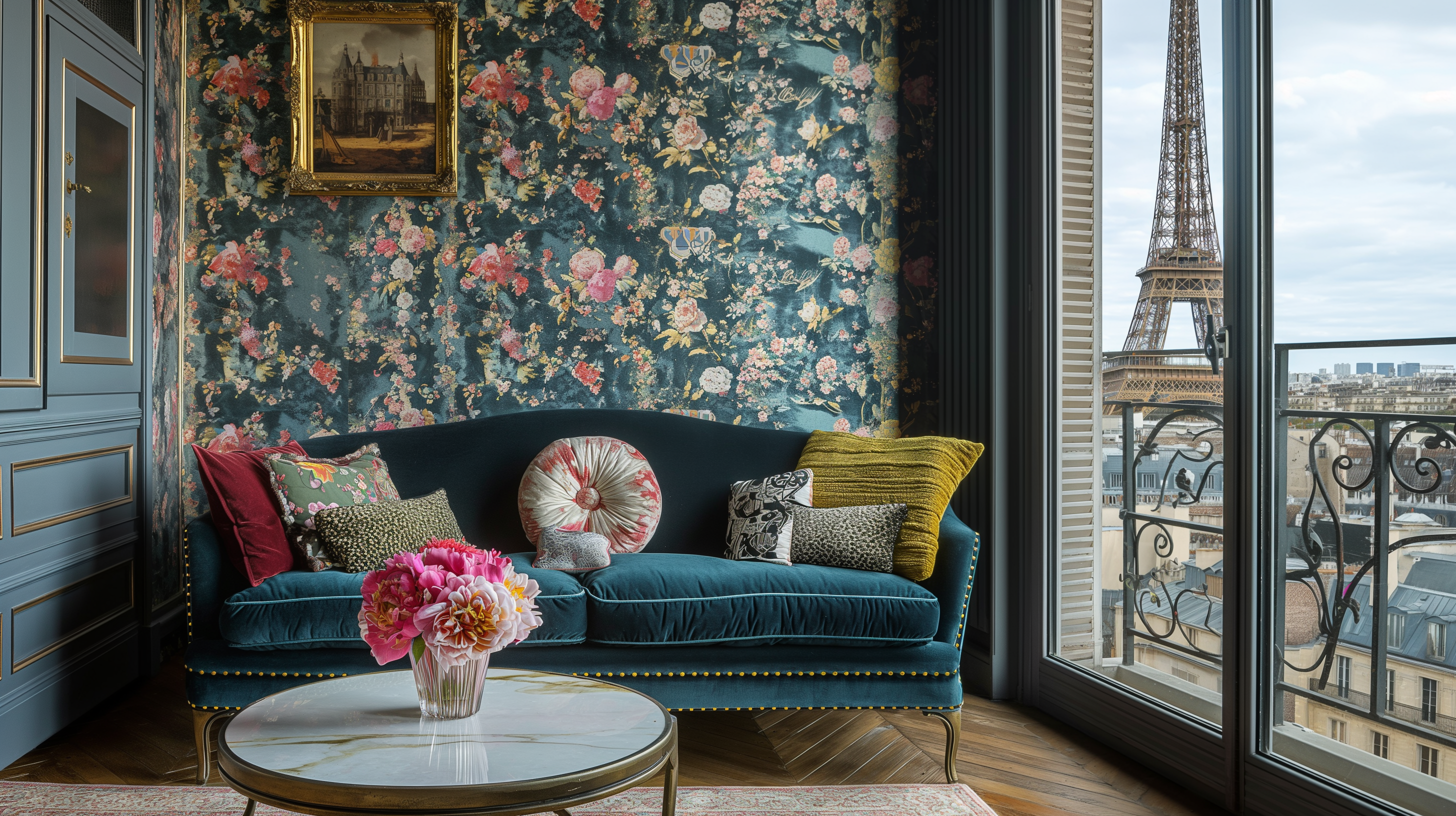 ett elegant och romantiskt vardagsrum med utsikt över Eiffeltorn. Rummet är dekorerat med mörkblå sammetsoffa prydd med kuddar i olika mönster. Väggarna är täckta med en tapet med blommönster.