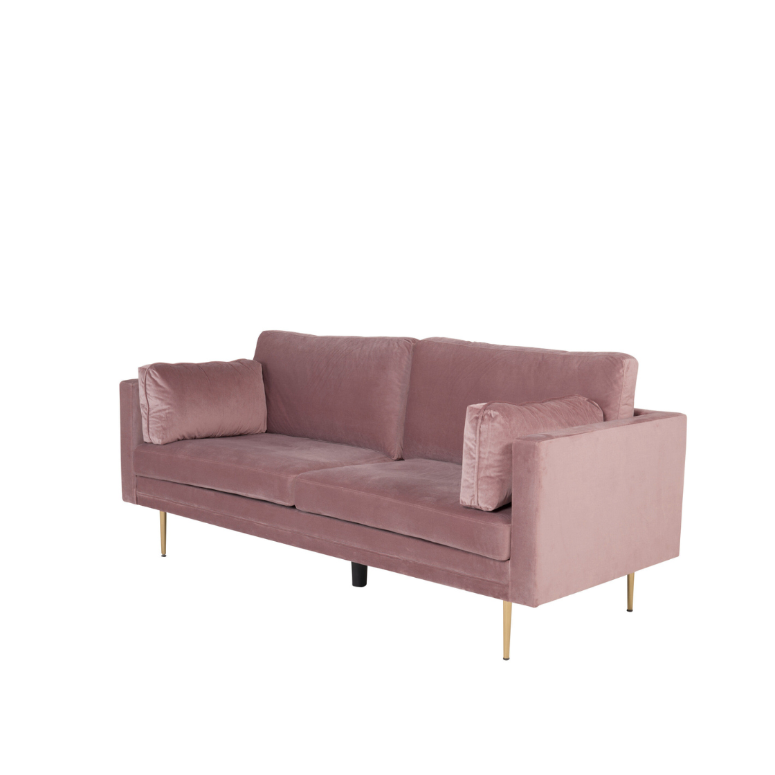 Boom Soffa 2-3 Sits från Venture Home har elegant gammalrosa möbel, slät metallbädd och matchande kuddar – allt i en modern nordisk design mot en vit bakgrund.