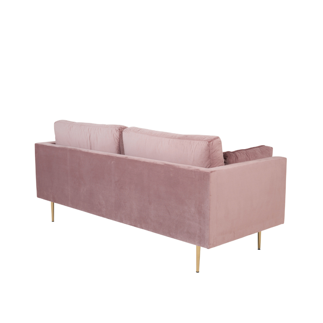 Venture Home Boom Soffa 2-3 Sits, visad bakifrån mot en vit bakgrund, har klädsel i gammalrosa sammet, plyschiga ryggstöd, metallbädd och en elegant rektangulär nordisk design.