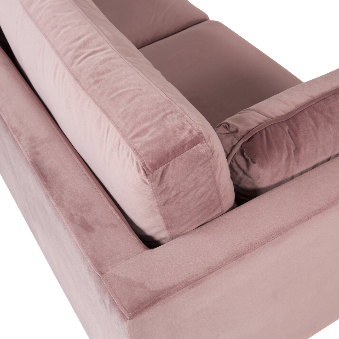 Närbild på Venture Homes Boom Soffa 2-3 i gammalrosa panel med elegant metallben, nordisk design, visad mot en vit bakgrund.