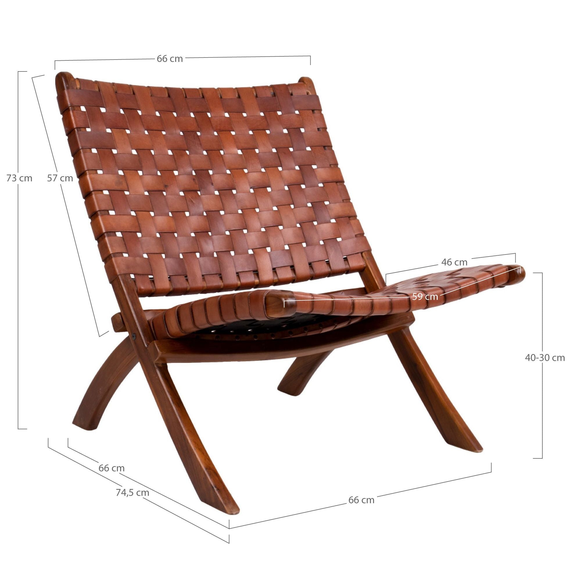 Perugia Hopfällbar Stol från House Nordic är en elegant fåtölj med en brun vävd lädersits och en träram. Dess dimensioner är 73 cm hög, 66 cm bred och 74,5 cm djup, med en sitthöjd på 39 cm, bredd på 59 cm och djup på 46 cm. Upplev minimalistisk komfort med stil.