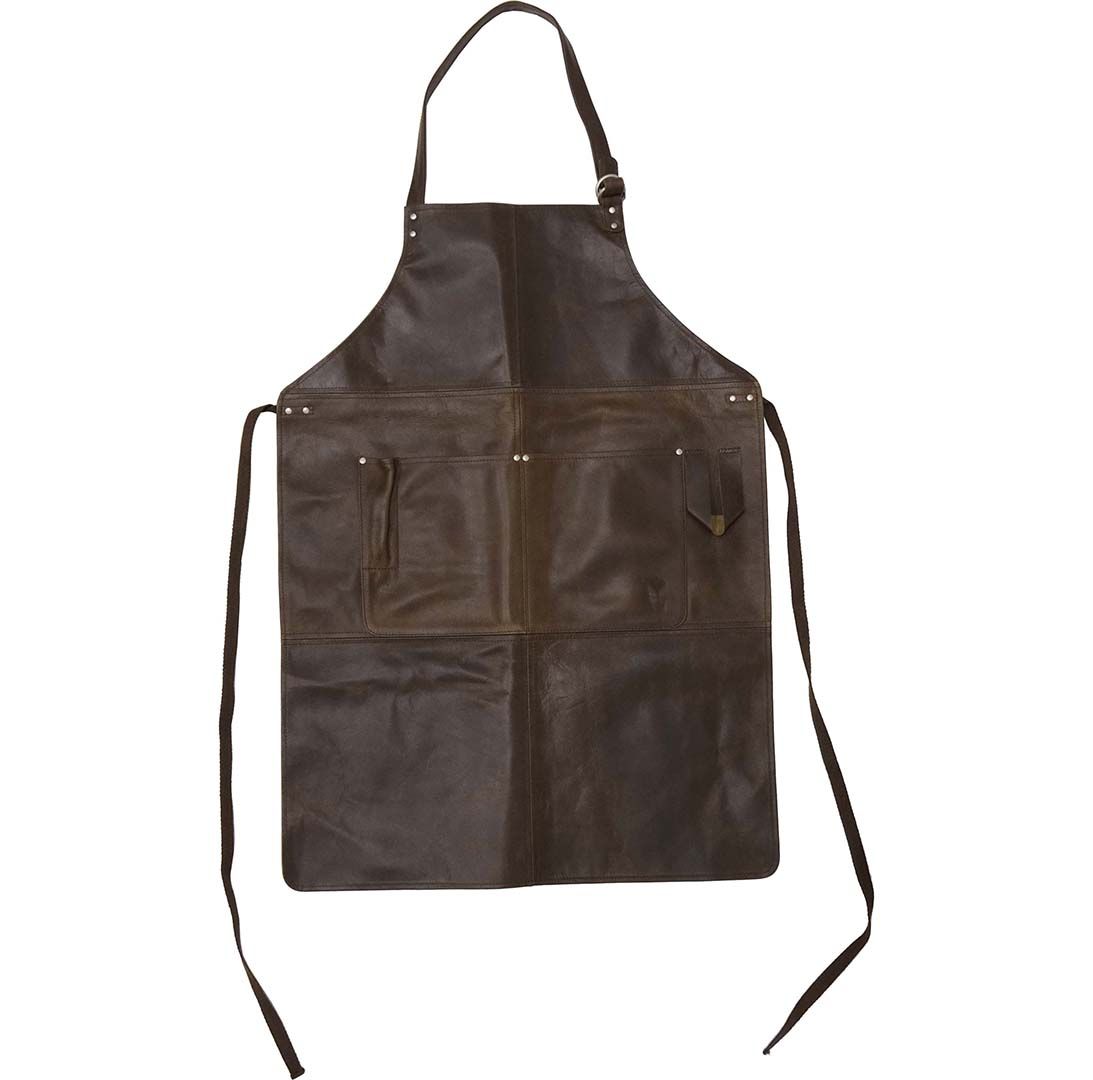 Förkläde i mörkbrunt buffelläder med fickor och justerbara remmar – klassisk och slitstark design.