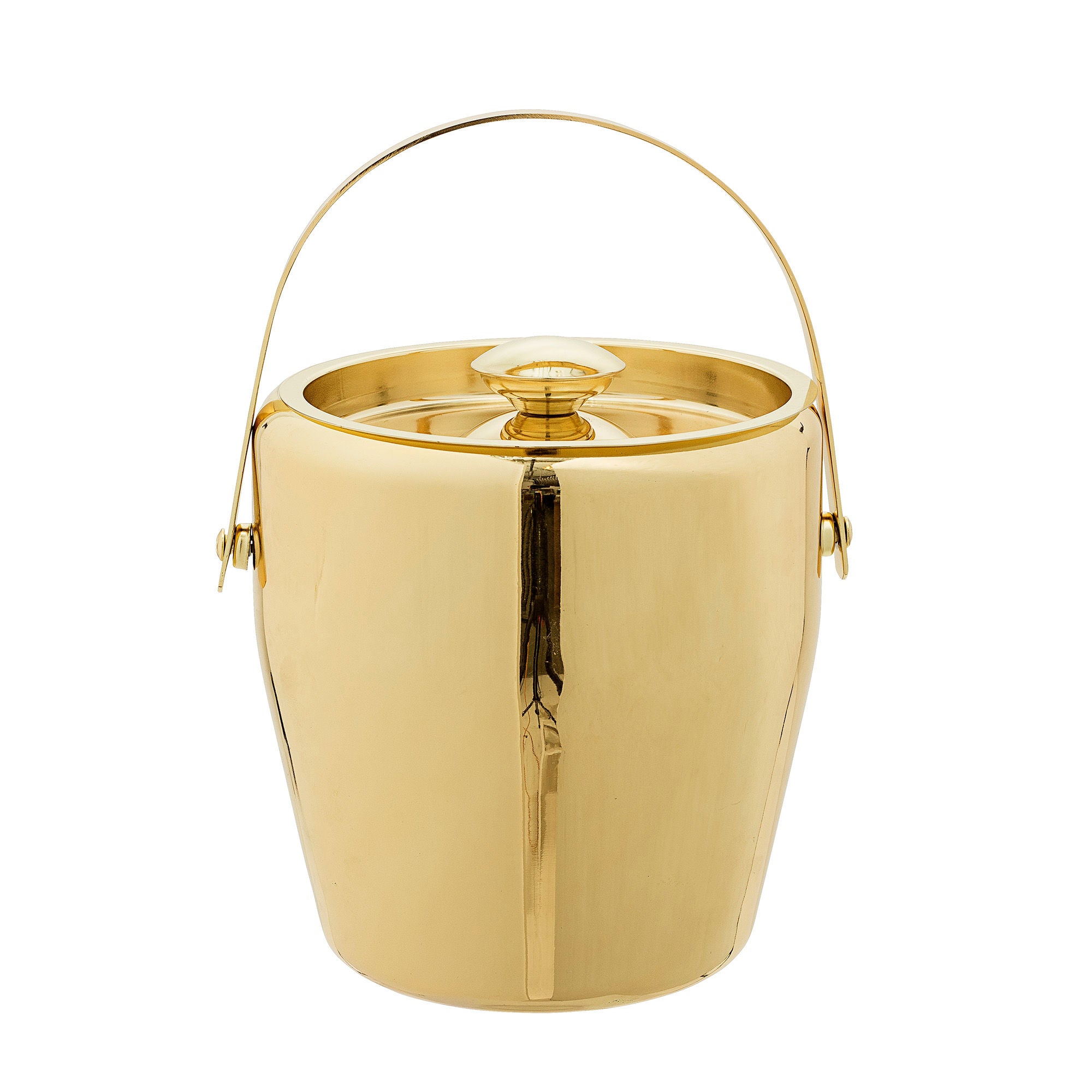Isbehållare i rostfritt stål med guldfinish och lock – elegant ishink för drinkar och servering.