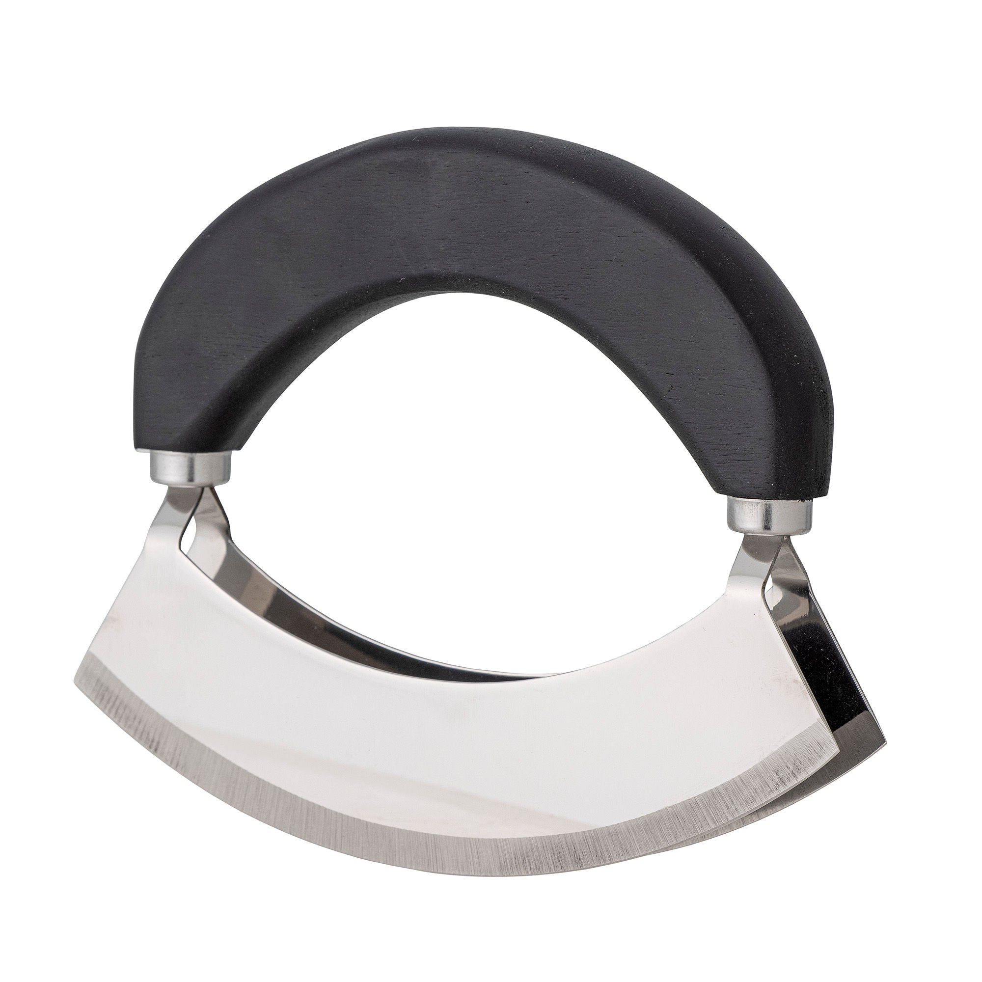 Mezzaluna i rostfritt stål med mörkt handtag i acaciaträ – elegant gungkniv för örter och kök.