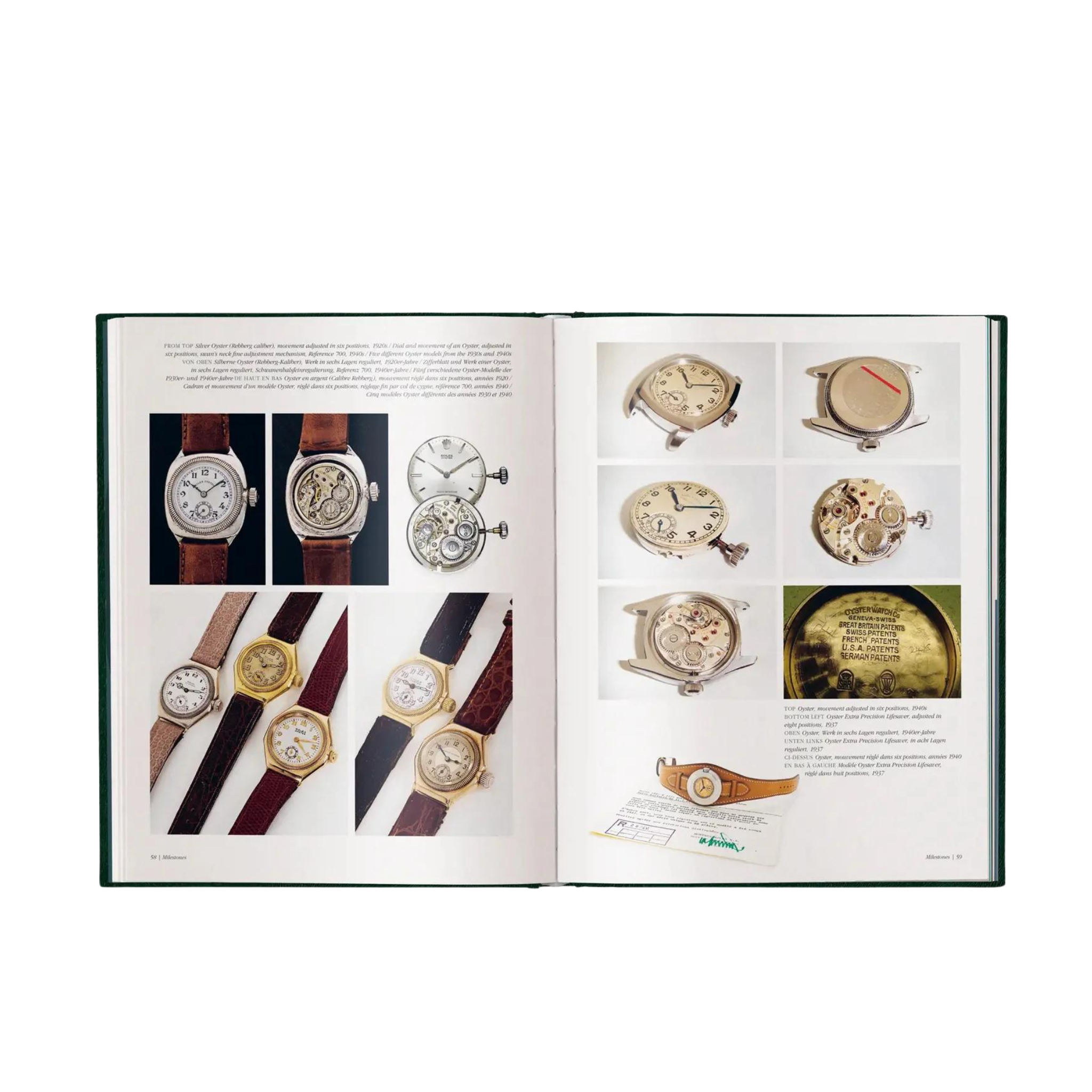 Ett öppet exemplar av "The Watch Book Rolex – 3rd Edition: En Omfattande Guide till Rolex" av New Mags visar olika vintage armbandsur och fickur. Den vänstra sidan innehåller flera bilder av klockor med olika design och remmar. Den högra sidan visar upp fler klockor, inklusive en Rolex Submariner, med detaljerade närbilder av deras ansikten och mekanismer, tillsammans med lite text.