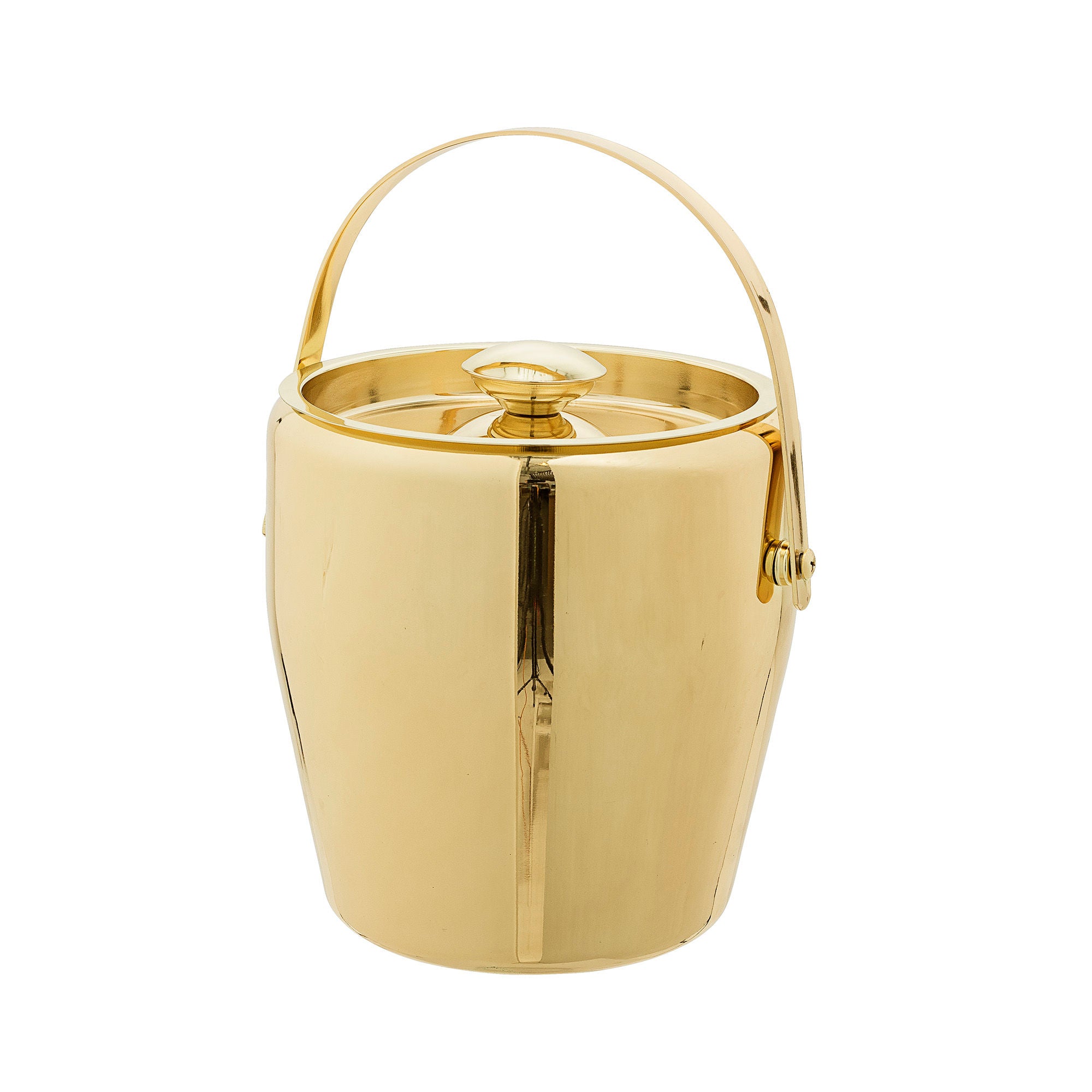 Isbehållare i rostfritt stål med guldfinish och lock – elegant ishink för drinkar och servering.