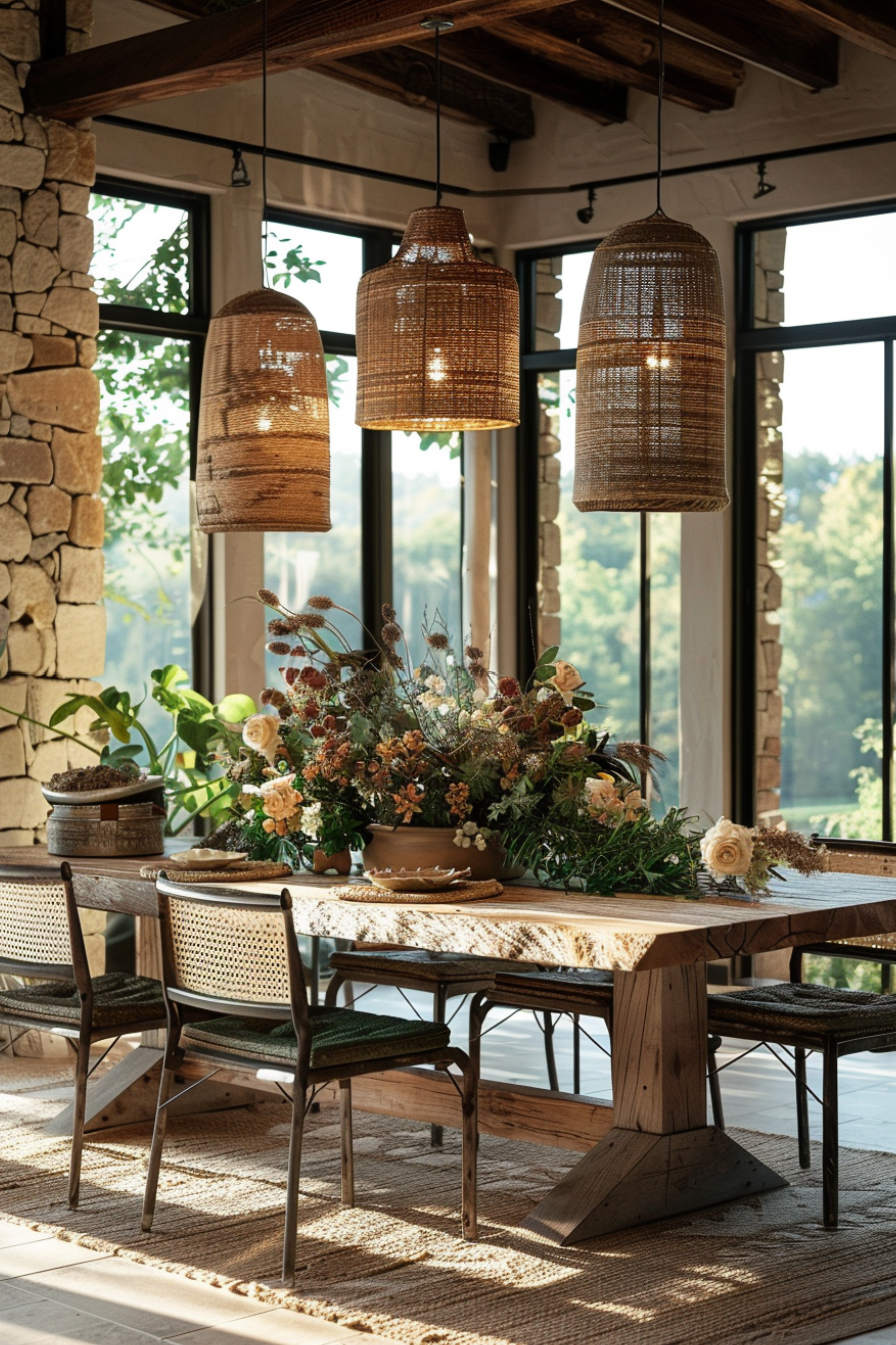 A dining room with nature-inspired home decor, featuring a reclaimed wood dining table, surrounded by mismatched chairs with cushions in forest greens and browns. A large centerpiece made of seasonal flowers and branches sits atop the table, while woven pendant lights hang overhead. The walls are decorated with natural stone accents and a large window offers a view of the outdoor greenery. Created Using: warm natural light, earthy and organic tones, rustic textures, handcrafted furniture, eco-friendly mater