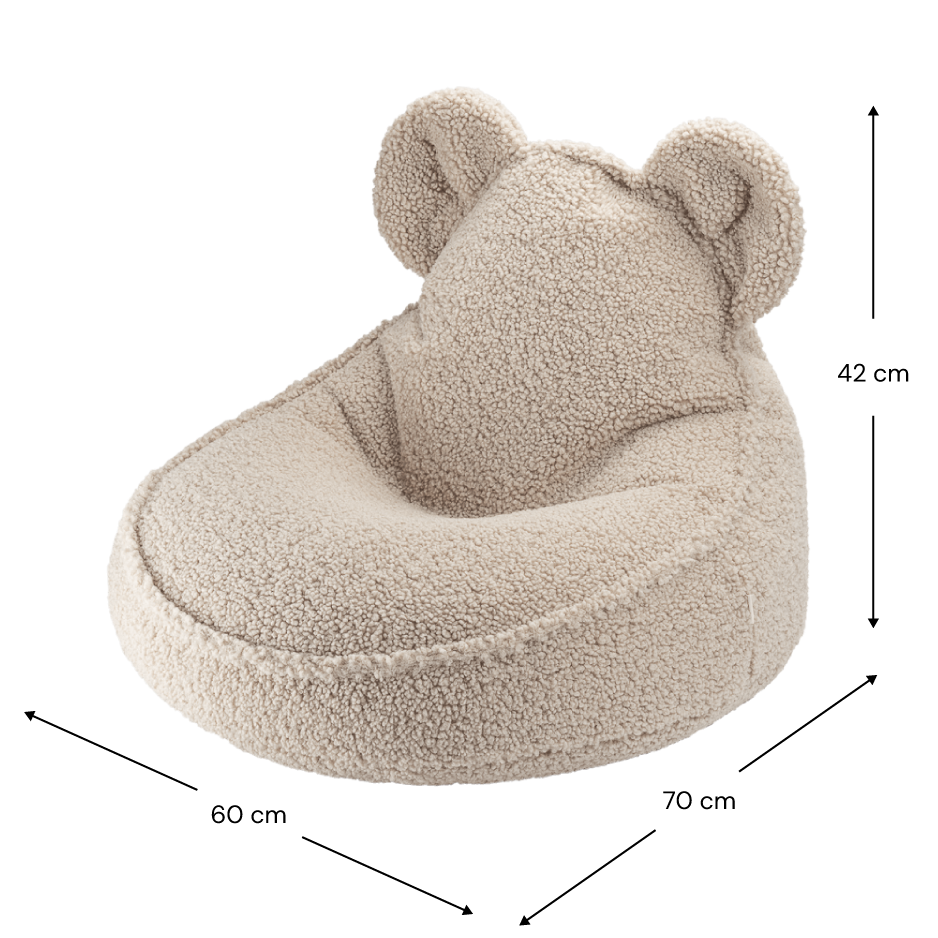 Björnformad sittsäck i teddy – mjuk, tvättbar och perfekt för barnrummet