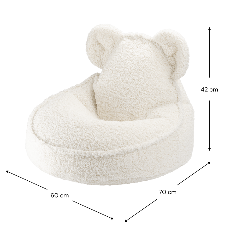 Björnformad sittsäck i teddy – mjuk, tvättbar och perfekt för barnrummet