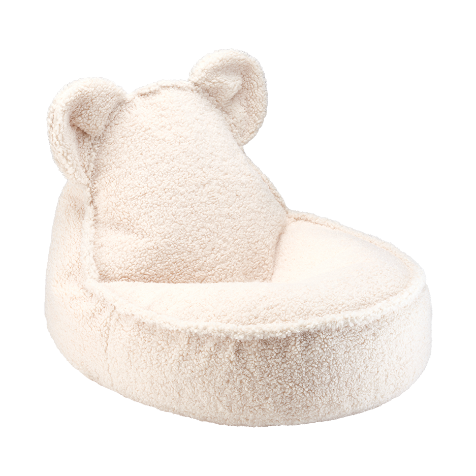 Björnformad sittsäck i teddy – mjuk, tvättbar och perfekt för barnrummet