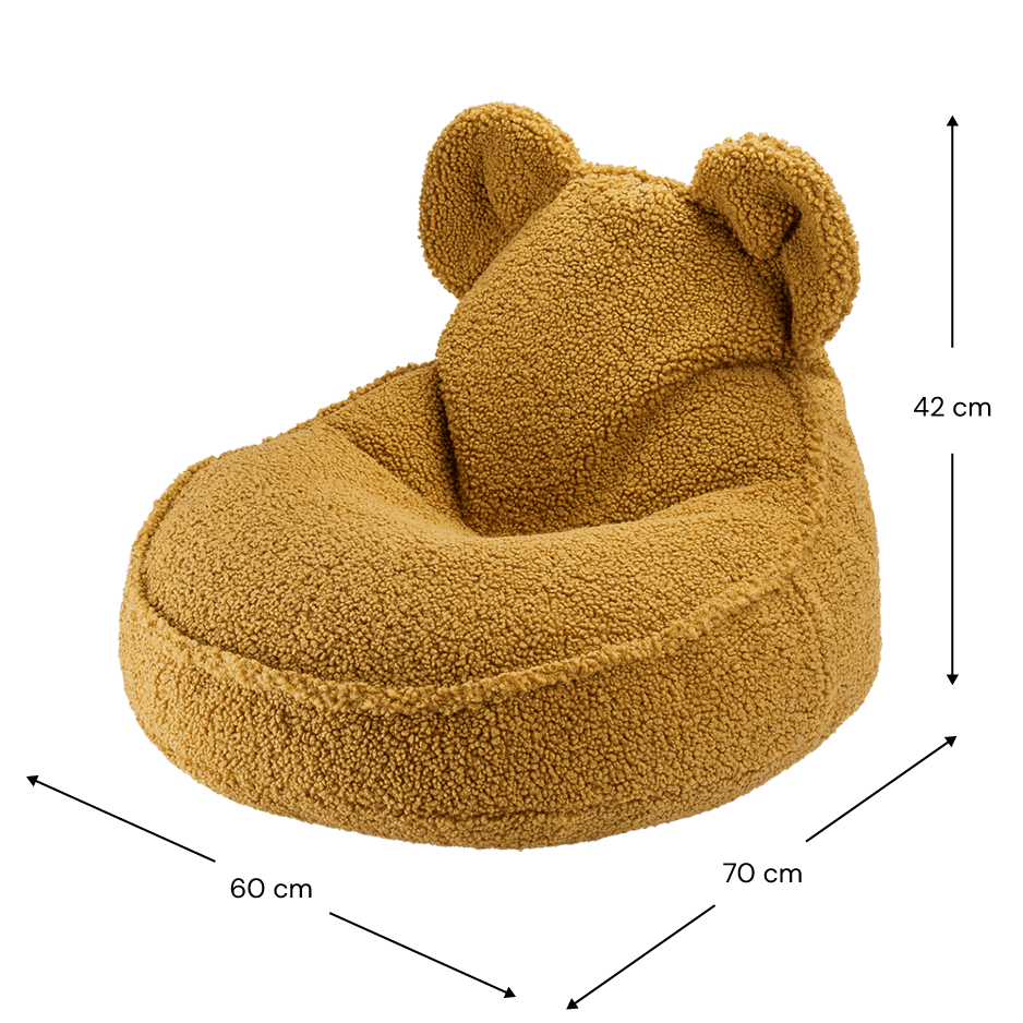 Björnformad sittsäck i teddy – mjuk, tvättbar och perfekt för barnrummet