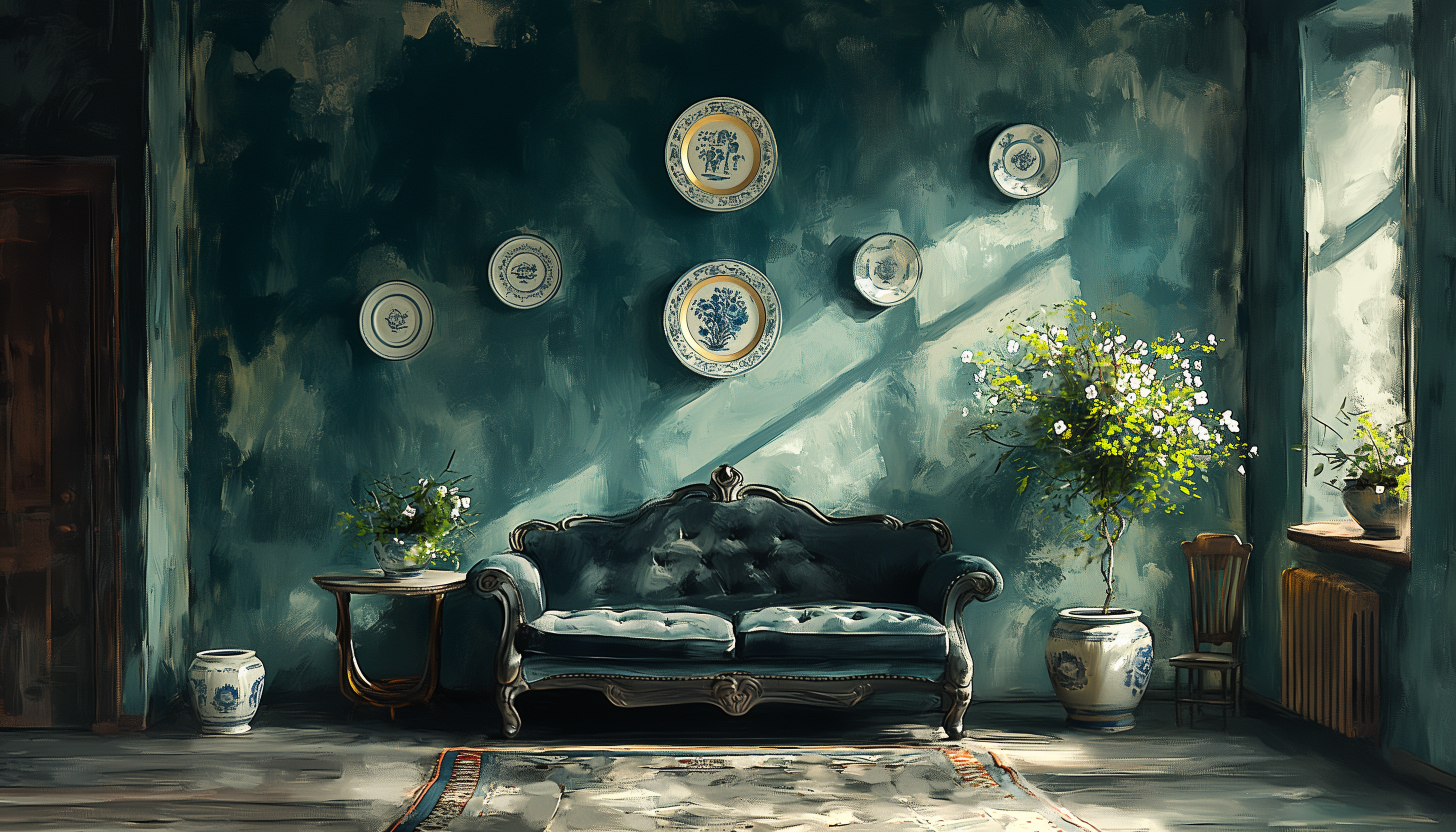 'Rum med en mörk kricka vägg, dekorerad med sex dekorativa tallrikar, en vintage tuftad soffa och krukväxter i keramikkrukor; solljuset strömmar genom ett fönster och kastar skuggor